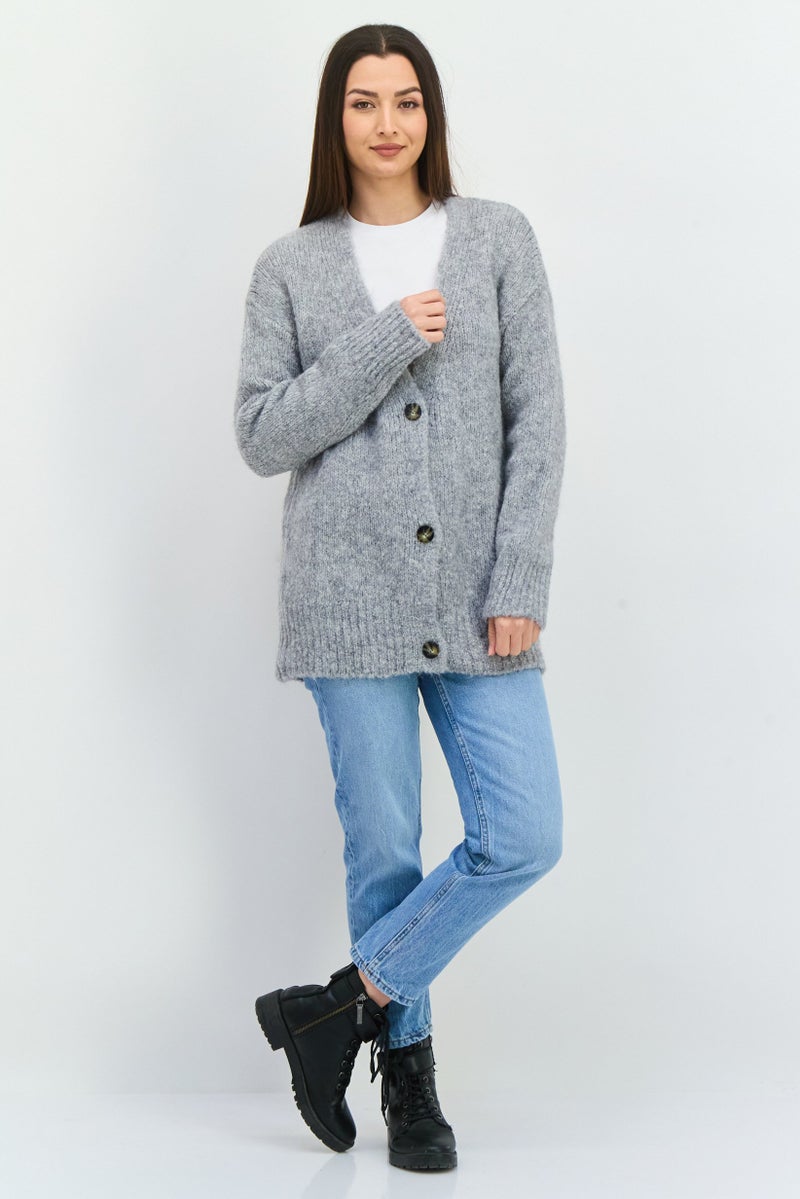 HUGO BOSS Women V-Neck Textured Cardigans, Grey - Image 4